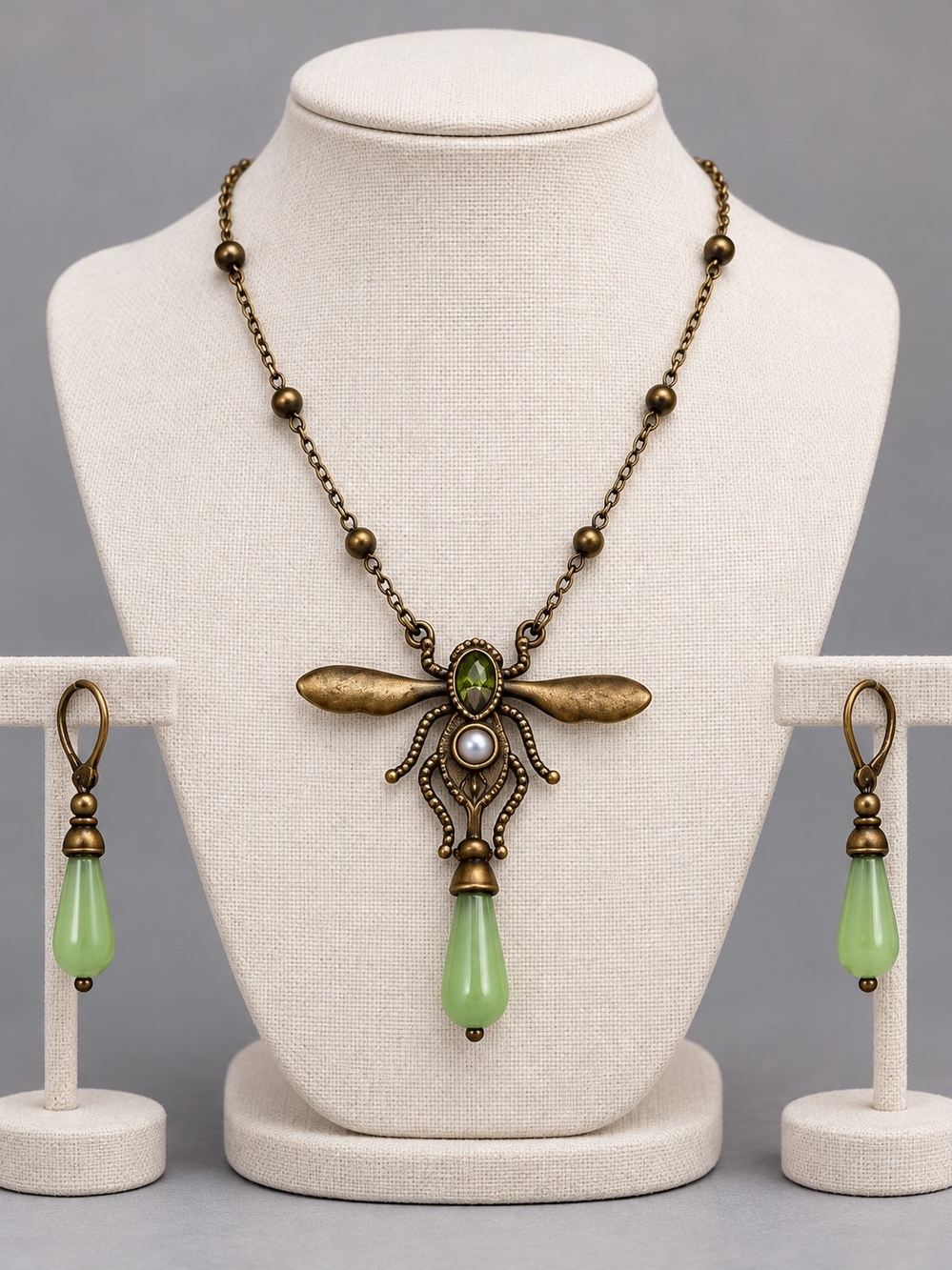 Antique Brass Dragonfly Necklace and Earring Set with Green Accents